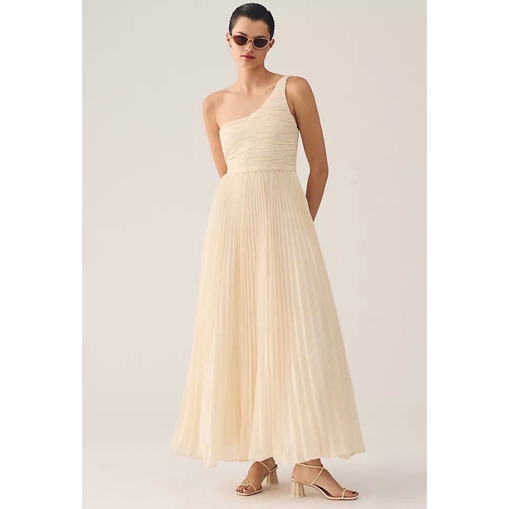 Anthropologie  Forever Your Girl Cream One Shoulder Pleated Maxi Gown